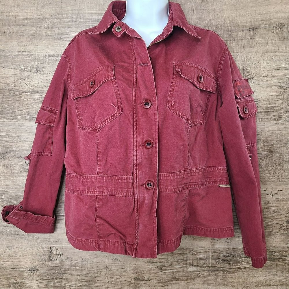 Columbia Faded Red Blazer Shacket Adj Waist Womens L Lightly Distressed Denim - Picture 1 of 13